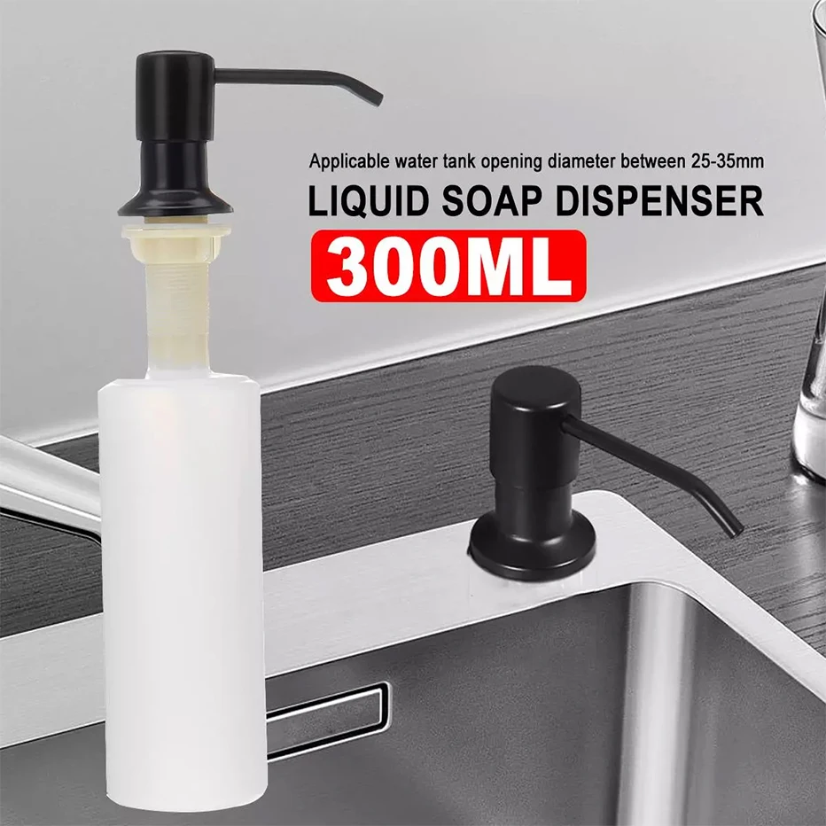 300ml Stainless Steel Pump Head Kitchen Sink Soap Dispenser Detergent Liquid Refillable Plastic Bottle Black Gold Silver 28-40mm