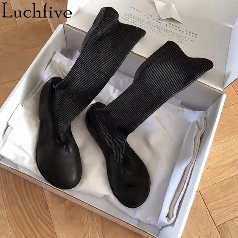 Luchfive; эластичные ботинки; женские ботинки черного цвета с круглым носком; Femme; Подиумные женские ботинки с высоким голенищем; женская обувь на низком каблуке