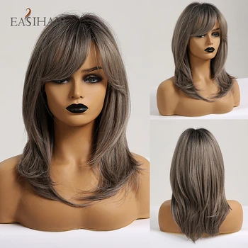 

EASIHAIR Medium Length Ash Grey Synthetic Wigs for Women Wigs with Bangs Layered Cosplay Wigs Blonde Daily Heat Resistant Wigs