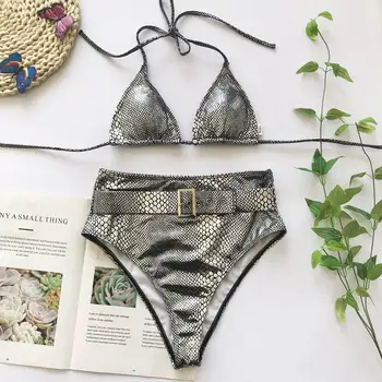 

ARXIPA Neon Sexy Bikini Set Halter Women Swimsuit High Waist Swimwear Bright Leather Bathing Suit Crocodile Skin Thong Belt 2020