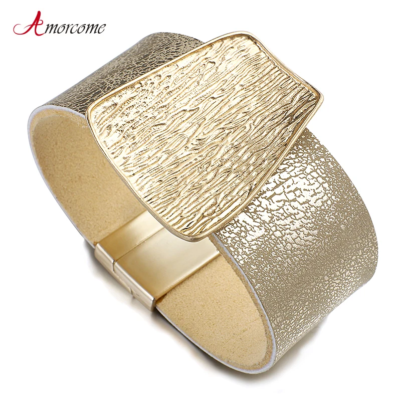 Amorcome Champagne Gold Metal Charm Genuine Leather Bracelet for Women Femme Fashion