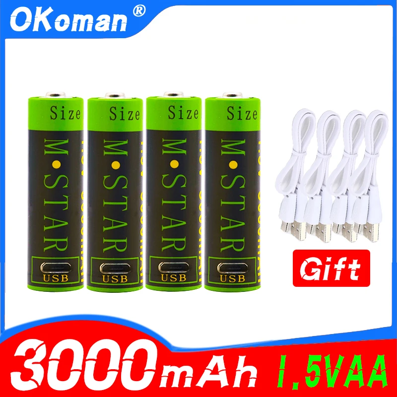 4pcs 1.5V 3000mAh AA Rechargeable Battery li-ion polymer with USB rechargeable lithium usb battery + cable | Электроника