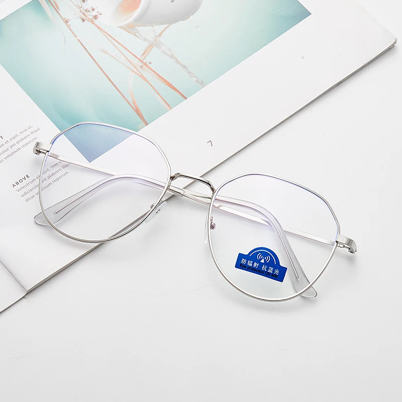 Древние книги очки женщины Синий свет плоское зеркало многоугольник студентов неправильное литературные очки стеллаж - Цвет оправы: silvery