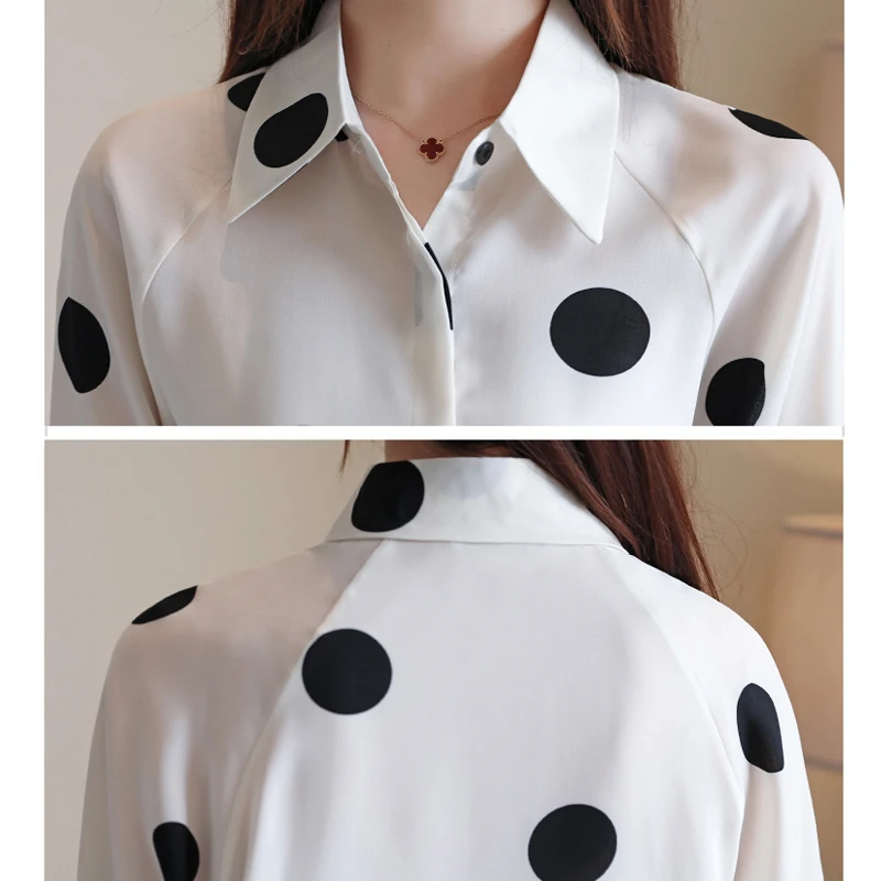 Женская рубашка с отложным воротником, шифоновая рубашка с длинным рукавом, осень, новая мода, узор в горошек, женские топы, Офисная женская блуза 937E
