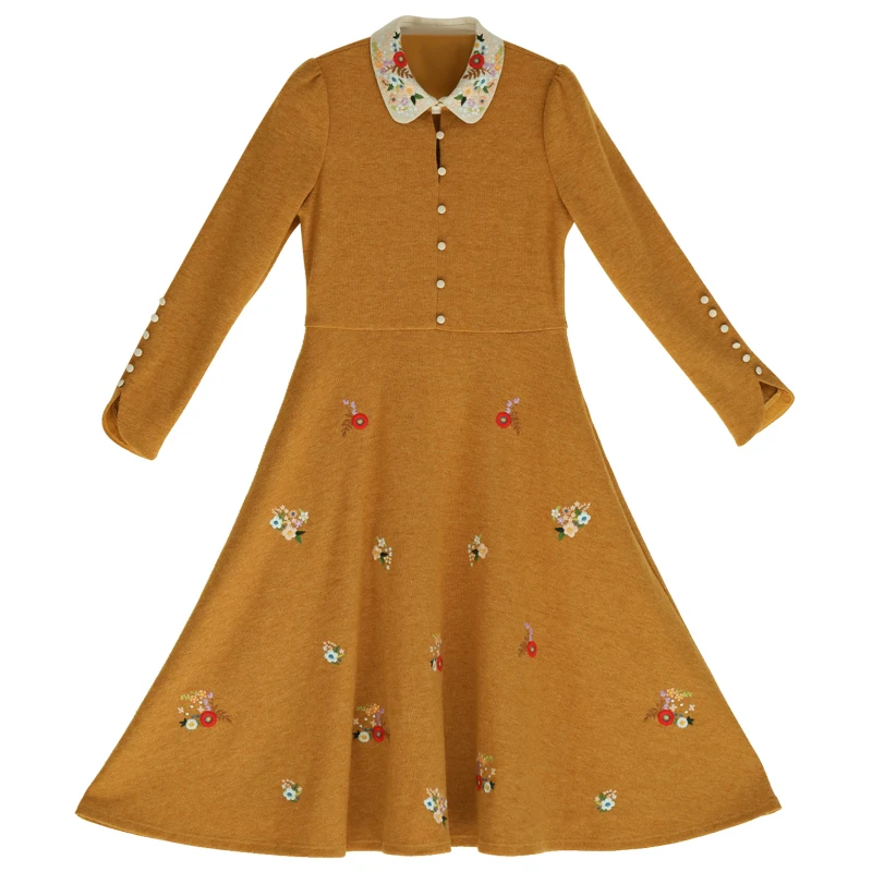 Дизайн AIGYPTOS осень зима для женщин Винтаж элегантный тонкий Mori девушки Французский Вышивка Желтый Длинные вязаные платья