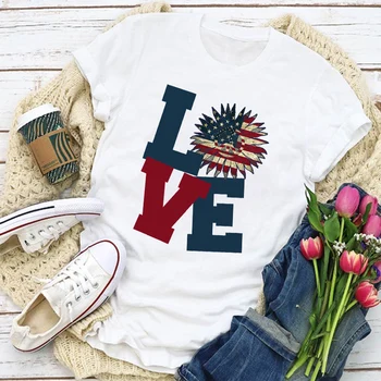 

Women Graphic USA Flag American Patriotic Love Flower Summer T-Shirt Tops Lady Womens Clothing Clothes Tee Female T Shirt