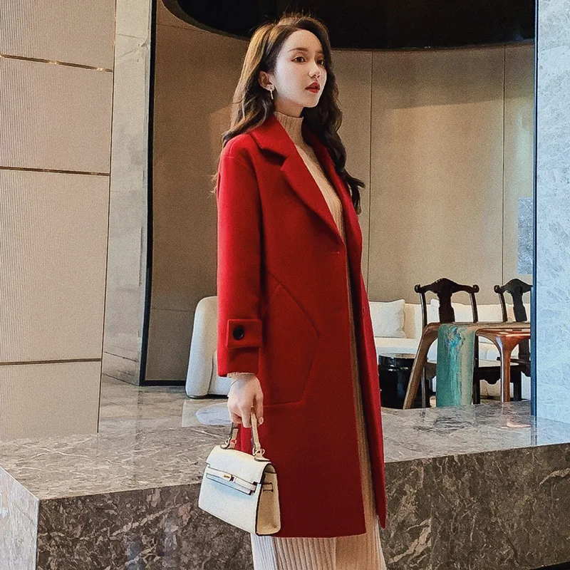 Осень Зима Новое корейское женское Красное Свободное длинное пальто модная шерстяная куртка женские элегантные куртки пальто черный верх - Цвет: WineRed