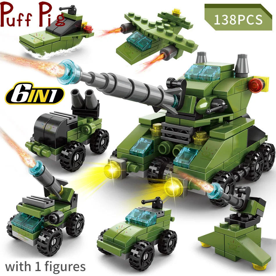 138pcs 6in1 Building Blocks Land Forces Tank City Construction Children's Educational Toys Gift for Boys Figures Bricks | Игрушки и