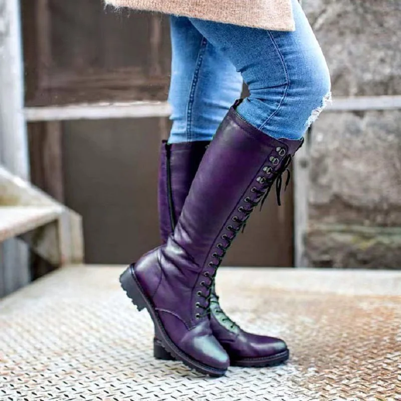 Knights Women's Boots Flat Bottomed Boots Winter New Round Head Side Zipper Large Square Heel Long Leg High Tube