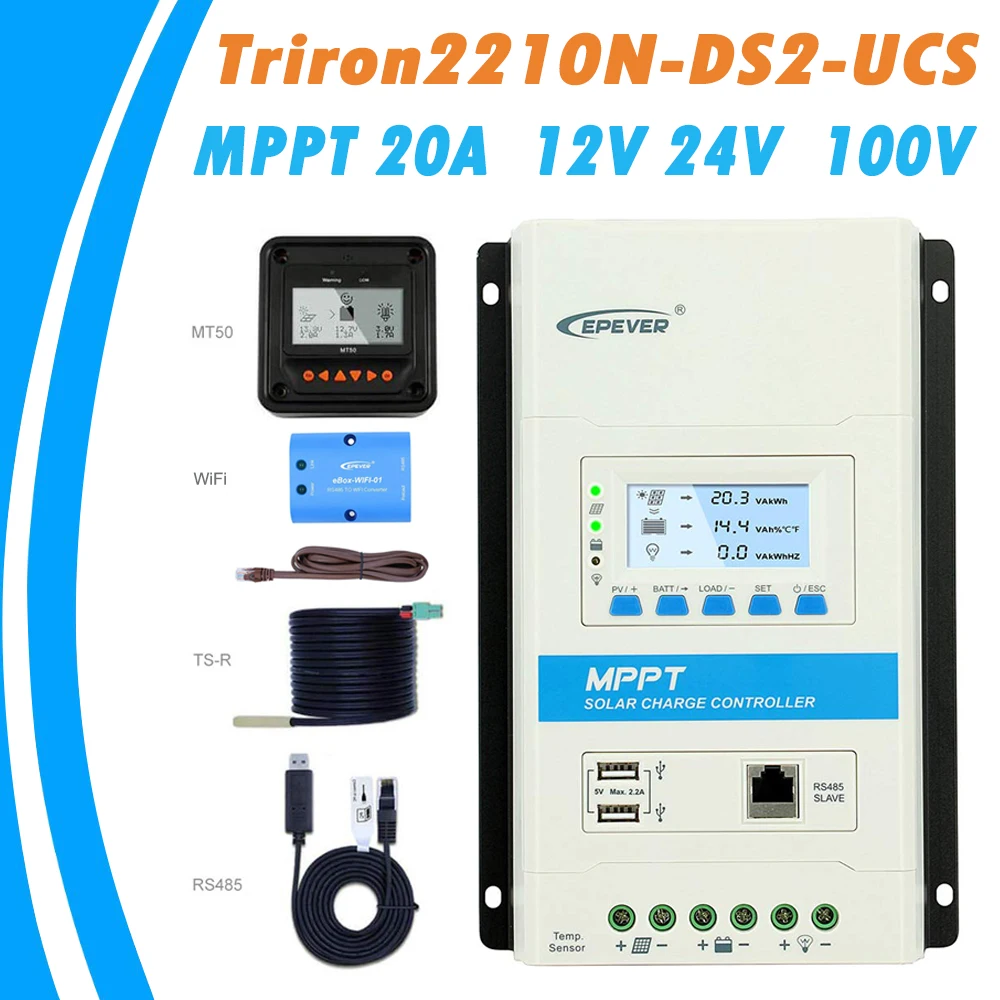

EPever MPPT 20A Charge Controller 12V 24V Backlight LCD Max 100V Solar Panel Controller Dual USB 5V Output Triron2210N UCS DS2