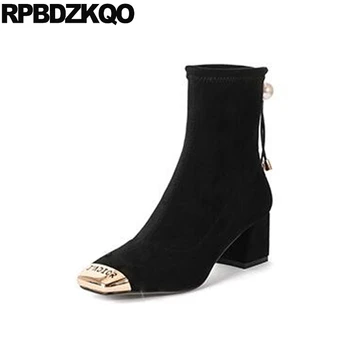 

shoes black autumn square toe fur short fall slip on suede thick high heel chunky women boots winter 2019 block ankle ladies