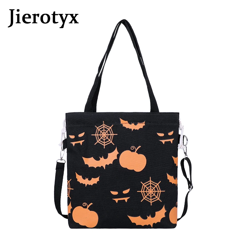 

JIEROTYX Gothic Halloween Bat Print Big Bucket Designer Bag For Women Large Capacity Casual Tote Hand Bags Canvas High Quality
