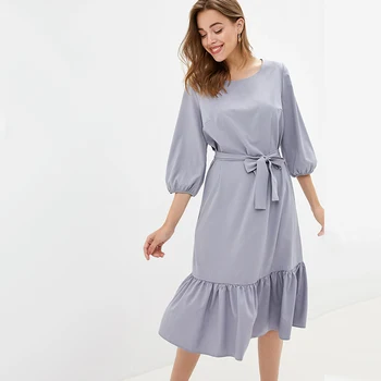 

2020 Women Casual Lantern Sleeve Ruffled Dress Ladies Solid O Neck Sashes Dress Summer Knee-Length A Line Party Women Dresses