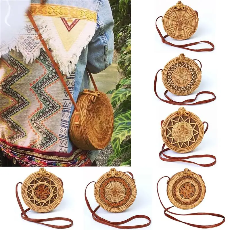 

2019 New Fashion Casual Round Straw Shoulder Bag Beach HandBags Summer Hollow Handmade Crossbody Bags Women's Woven Rattan Bag