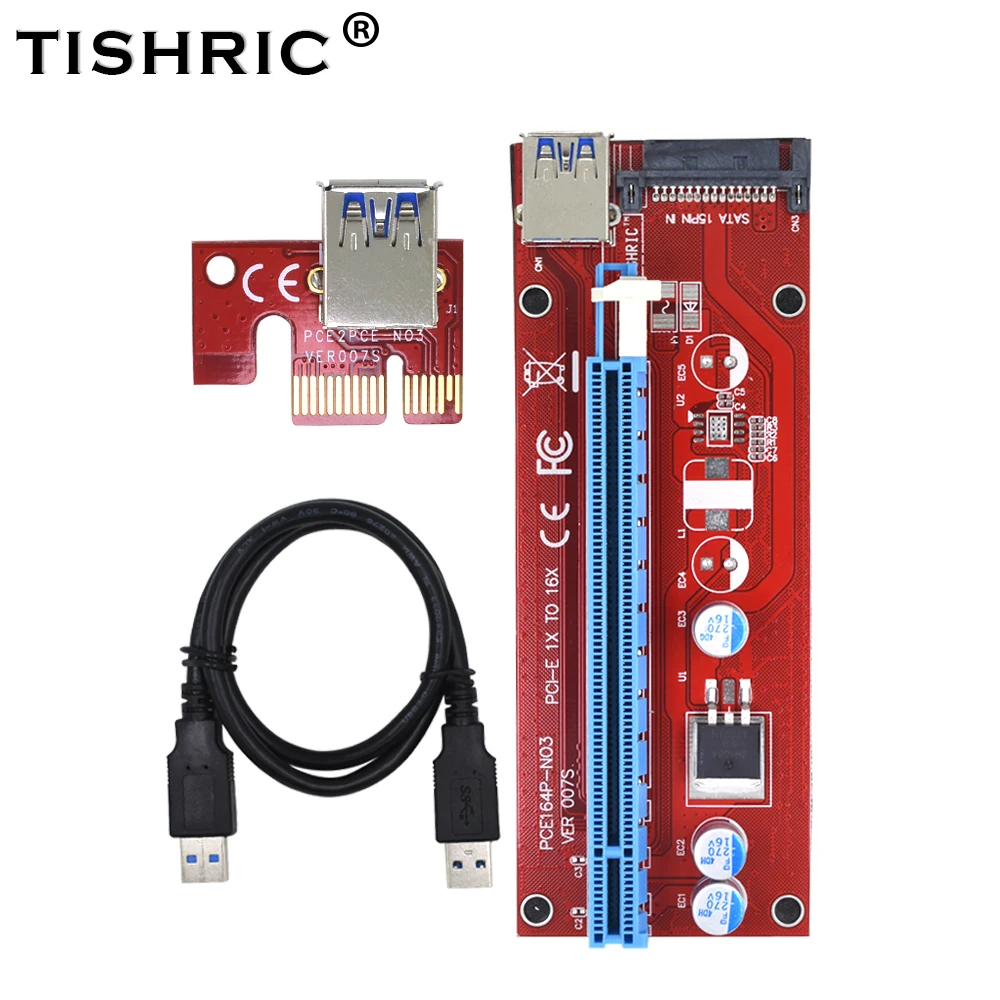 TISHRIC Riser Card VER007S PCI-E PCI Express 1x to 16x Extender Adapter 15Pin SATA to USB 3.0 Cable Power Mining Miner