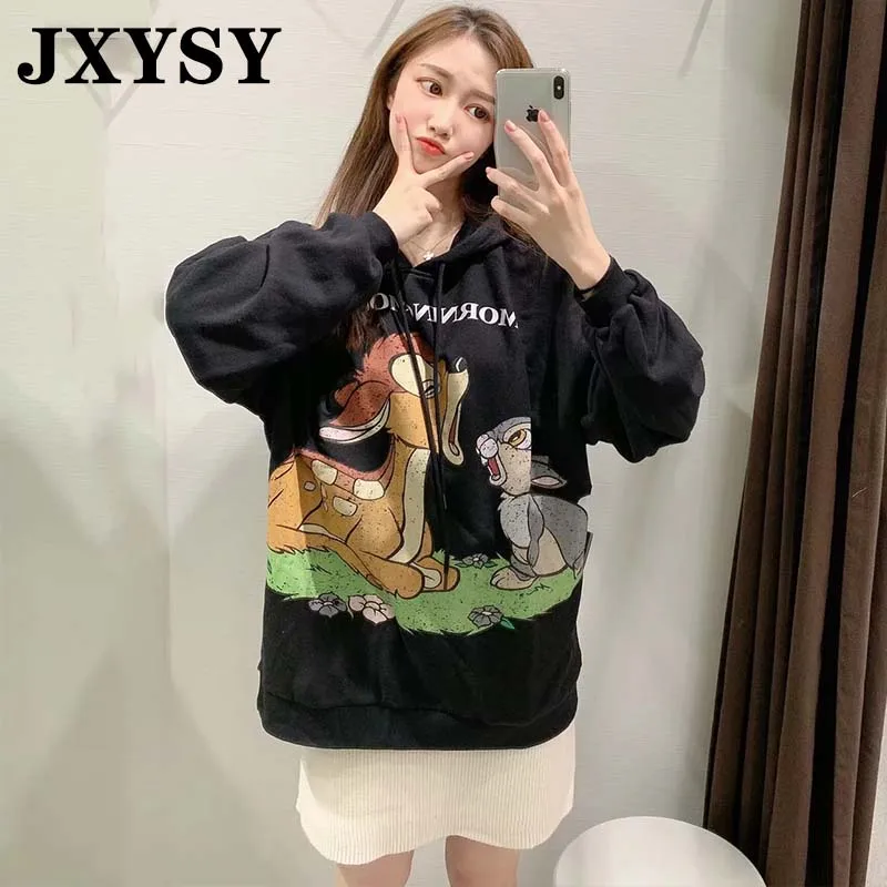 JXYSY, худи, Женская толстовка,, черный, розовый, Повседневный, мультяшный олененок, принт с животными, толстовки, большие размеры, женский свитер, пуловеры