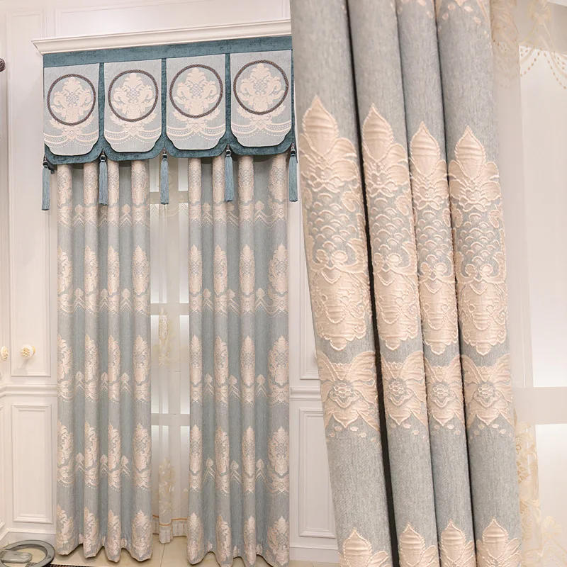 

Thick Blue Chenille Jacquard Shading Curtains for Living Dining Room Bedroom.