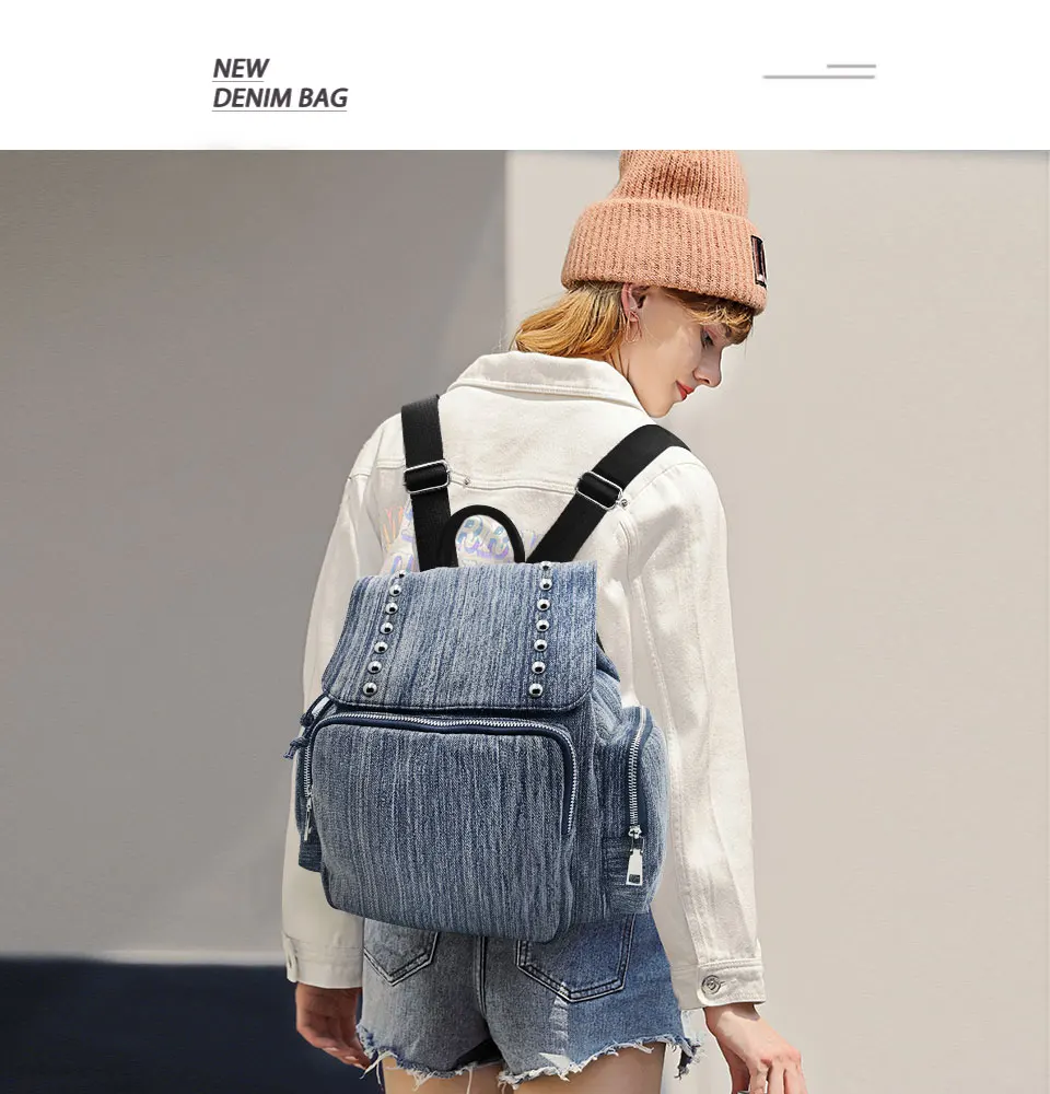 Брендовые новые модные женские рюкзаки, Джинсовый Рюкзак, стильный опрятный школьный рюкзак с шипами, дорожные рюкзаки с застежкой-шнурком