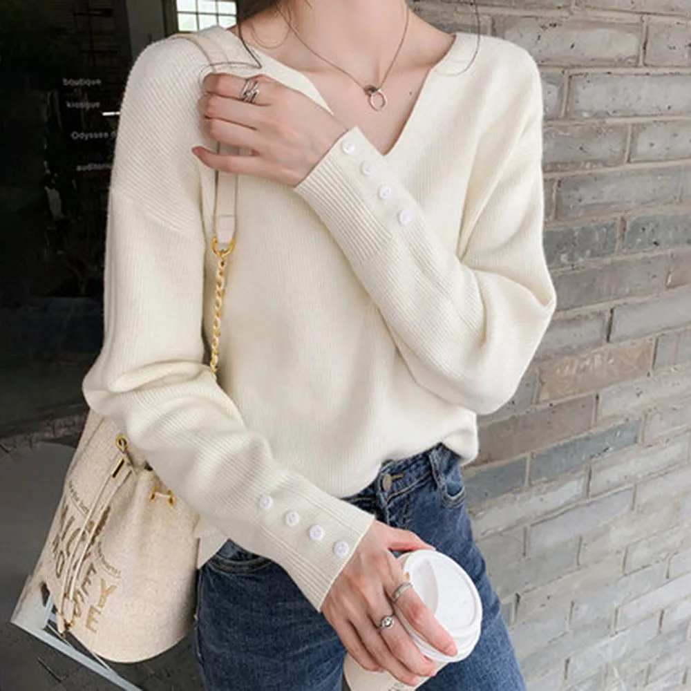 

Women Sweater Casual Tops 2020 Autumn Plain Button Simple Office Lady Pullover Long Sleeve Knitted Korea Japan Sweater Jumper