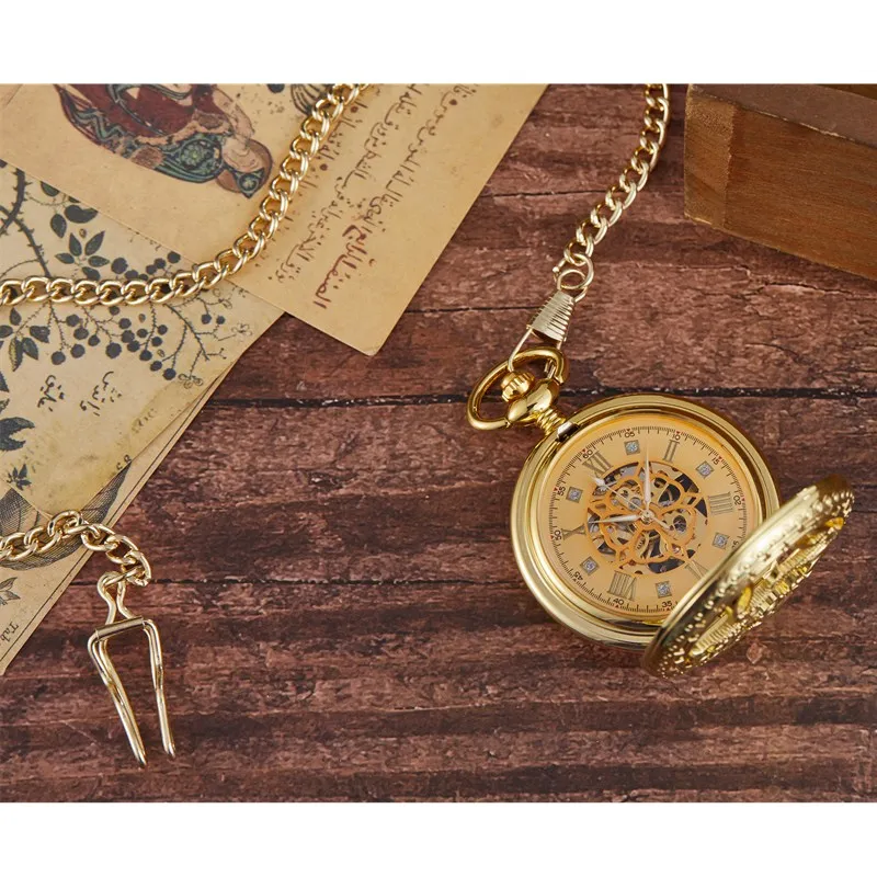 Gorben Retro Silver/Gold Skeleton Hand Winding Mechanical Steampunk Pocket Watch Pendant Necklace Chain FOB Watches