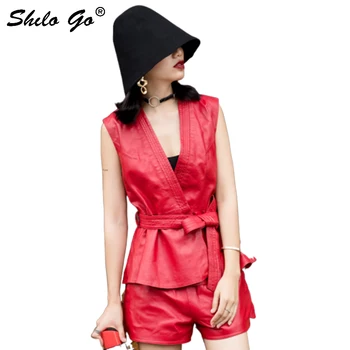 

Genuine Leather Vest Minimalist Red V Neck Wrap Belted Sleeveless Vests Women Autumn Office Lady Solid Fit and Flare Outwear