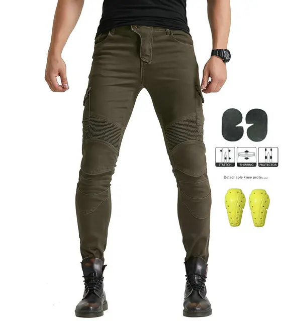 Motorcycle Pants Moto Protection Motocross Jeans Rodilleras Moto Jeans Men Motorcycle Motocross Pants Four Seasons Breathable JES-6- Amy Green