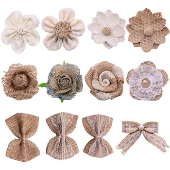 

5Pcs Handmade Jute Burlap Rose Artificial Flowers Hessian Ribbon Bow Vintage Rustic Wedding Home Decoration DIY Craft Supplies