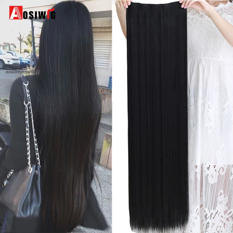 AOSI – Extensions de cheveux synthétiques, 5 tailles, 5 Clips, longues et lisses, résistantes à la chaleur, postiche une pièce noire brune pour femmes