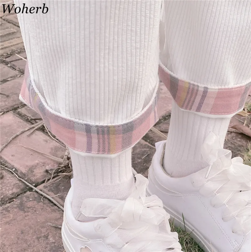 Woherb японские прямые широкие брюки женские клетчатые с сердечком кружевные лоскутные свободные вельветовые брюки Женская мода Новинка 91328