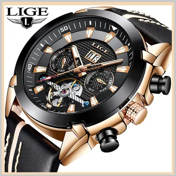 

LIGE Leather Strap Tourbillon Luminous Dial Waterproof Men's Watch Top Brand Luxury Mechanical Automatic Watches Reloj Hombre