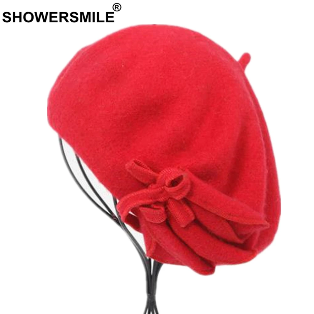 SHOWERSMILE, шерстяные береты, шапки для женщин, красная французская Кепка в британском стиле, женские винтажные однотонные береты с бантом, женские Зимние береты