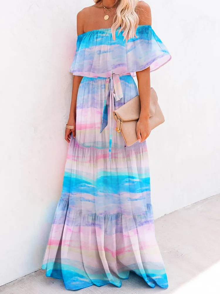 Boho Floral Print Wrapped Breast Gradient Color Women Long Beach Dress Frill Belt Lace Up Beach Cover Up Summer Vacation Dress