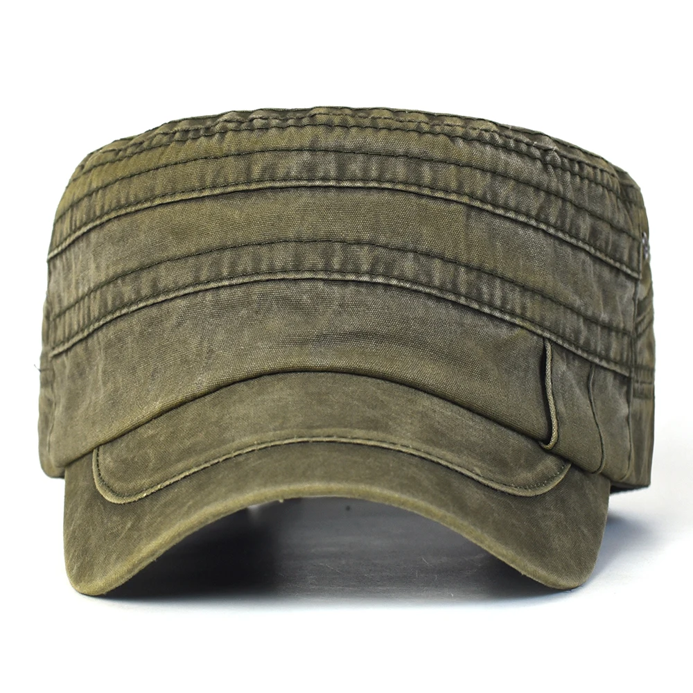 Casual Washed Cotton Flat Top Hat Adjustable Military Caps for Men Women Flat Cap Flat Vintage Cap