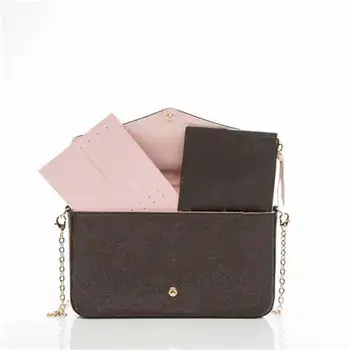 

set of 3 Chain Pochette Handbag Luxury Designer Louie Flap Baguette vuiton Purse Genuine Leather Lining AAA grade Coated Canvas