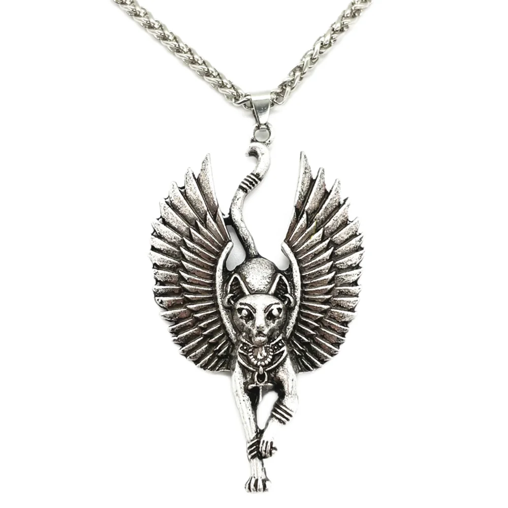 Egypt Cat Angel Wings Bastet Ethnic Cat Jewelry Male Necklace WICCA
