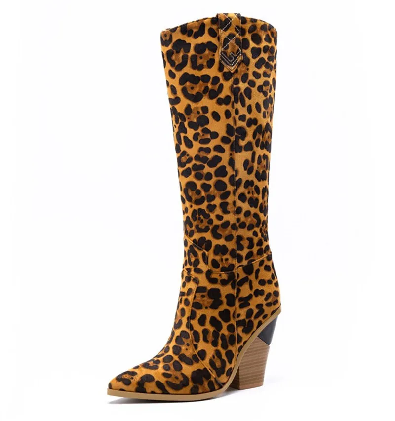 Leopard PXELENA г. Большие размеры 34-45, модные женские сапоги до колена на Высоком толстом каблуке зимние сапоги золотистого цвета с острым носком высокие сапоги - Цвет: Leopard