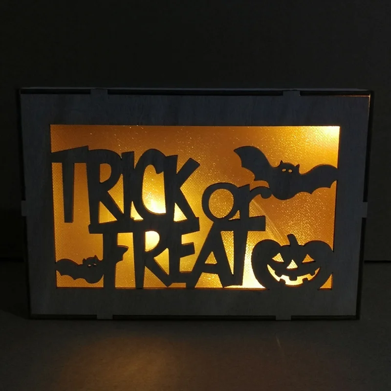Halloween Hanging Decoration LED Light Haunted House Moon Bat Pattern Wooden Rectangular Laser Hollow Hanging Decoration