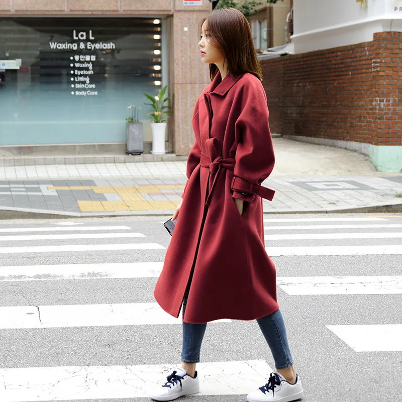 

High End Women Double-sided Wool Overcoat Korean Women Loose Wine Red Coats with Belt Elegant Female Coats