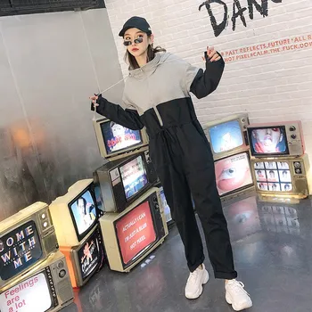 

PADEGAO Patchwork Jumpsuits 2019 Women Autumn Clothes Long Sleeve Black Long Playsuit Lace-Up Loose Hooded Jumpsuits BJ1104