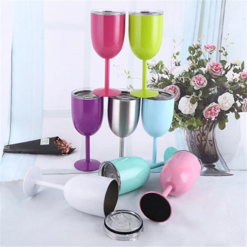 Hot Sale 10oz Wine Glasses With Lids 9 Colors Stemless Tumbler Goblet