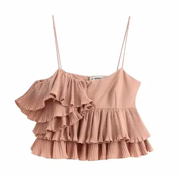 

Women sexy pleated ruffles spaghetti strap blouse ladies double layer solid color chic femininas sling shirts brand tops LS6373