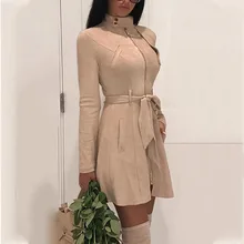 Шикарное женское осеннее пальто с длинным рукавом и стоячим воротником на молнии, приталенное платье с поясом, женское длинное однотонное пальто с ремешками