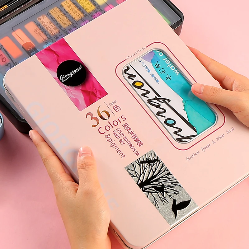 Kaufen Solide aquarell farbe 36 farbe blau schwarz rosa eisen boxed malerei werkzeuge anfänger pulver hand bemalt kunst liefert