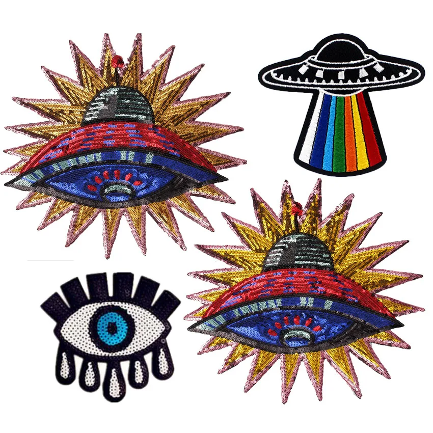 

Sequined Planet Spaceship Universe Patches Iron on Appliques Embroidered Patch for Clothes T-shirt DIY Decoration Accessories