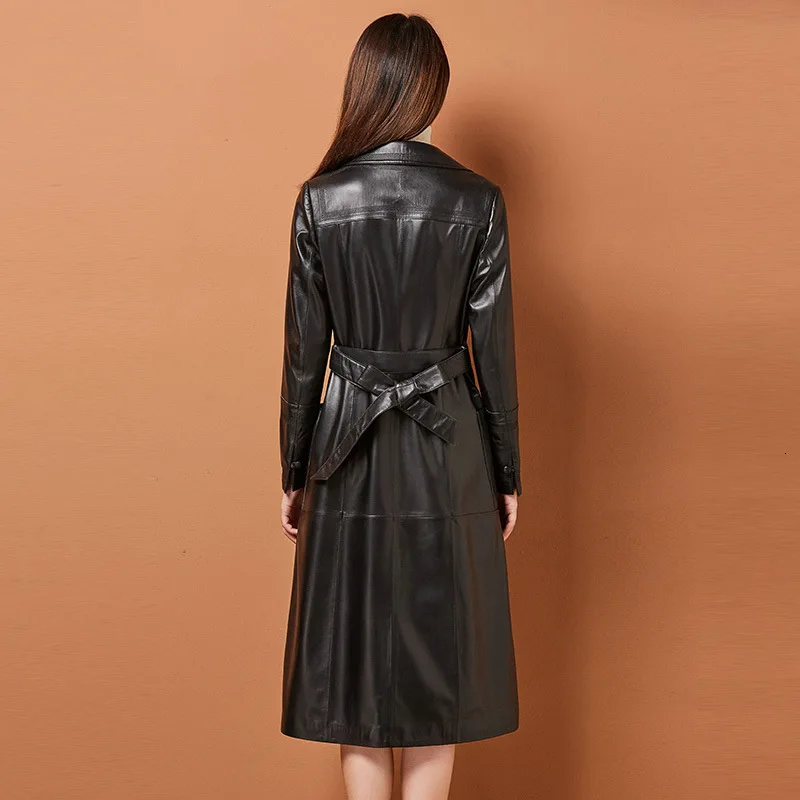 

Womens Sheepskin Windbreaker Designer Winter Notched High Quality Leather Jacket Sashes Single Button Slim Black Long Coat Femme