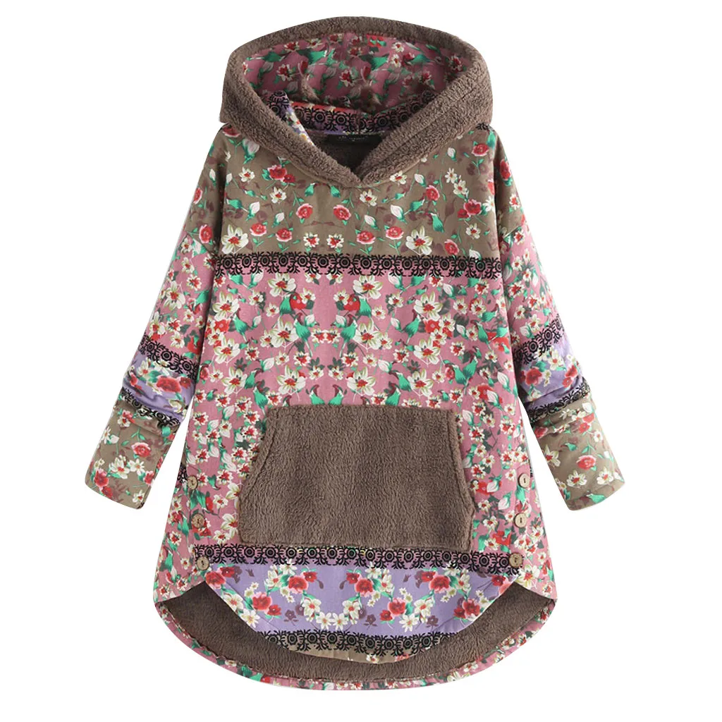 Plus Size Women Fleece Boho Hoodies Winter Keep Warm Patchwork Floral Print Sweatshirt Long Sleeve Pockets Hoodie Hoody
