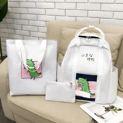 3 шт. Harajuku Ulzzang холщовый женский рюкзак Набор милый узор ранец школьные сумки для подростков Студенческая сумка для книг для девочек и мальчиков ранец - Цвет: White Dinosaur 2