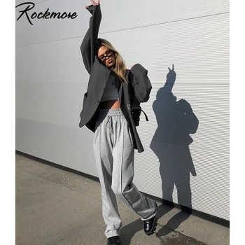 

Rockmore Grey Wide Leg Sweatpants Women Plus Size Drawstring Straight Pants Streetwear High Waisted Joggers Femme Loose Trousers