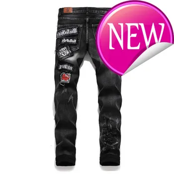 

Men Skinny Jeans Black Printing Embroidery Jean Homme Ripped Spijkerbroeken Heren Biker Stretch Pants Slim Fit Men'S Fashion