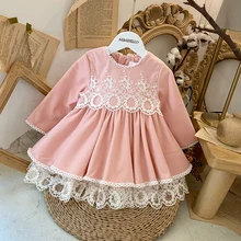 Комплект из 2 предметов для маленьких девочек осень-зима из плотного бархата с длинными рукавами кружева Винтаж Испанский Принцесса платье в стиле лолиты платье для дня рождения-розовый